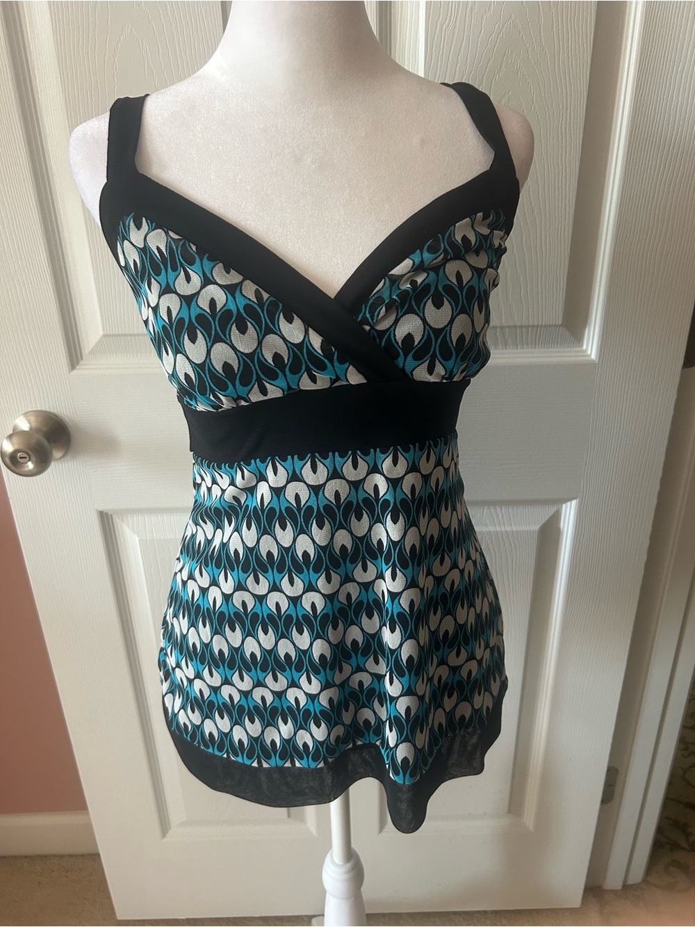 INC International Concepts Black and Teal Patterned Blouse with Tie Back.